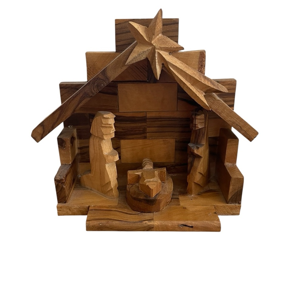 Vintage Carved Olive Wood Bethlehem Nativity Scene Figurine Creche